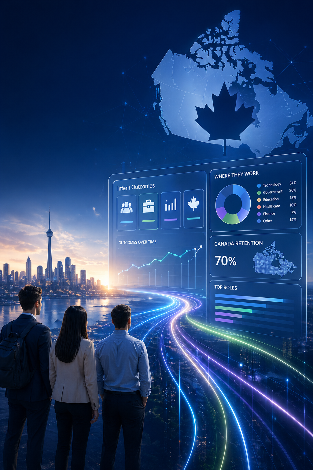 Labour market outcomes concept visual with career paths, Canada retention, and dashboard insights